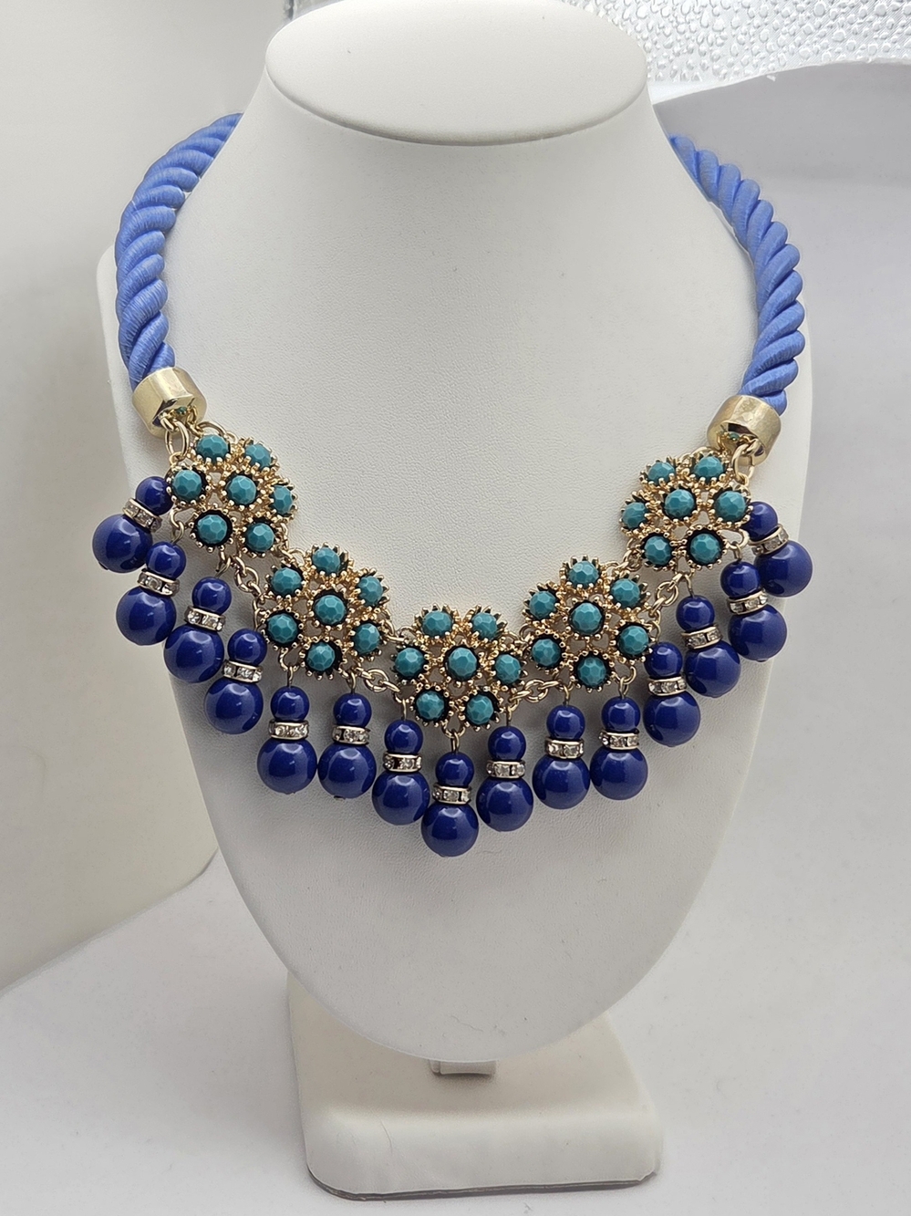 Banana Republic Blue Cord Statement Necklace Gold Tone Turquoise Rhinestones 20"